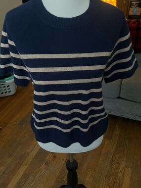 Cashmere Navy and Cream Striped Short-Sleeve Sweater